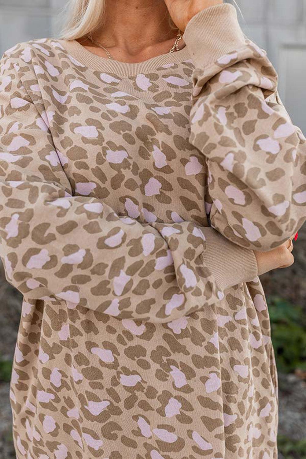 Parchment Leopard Print Side Pockets Long Sleeve Mini Dress - L & M Kee, LLC