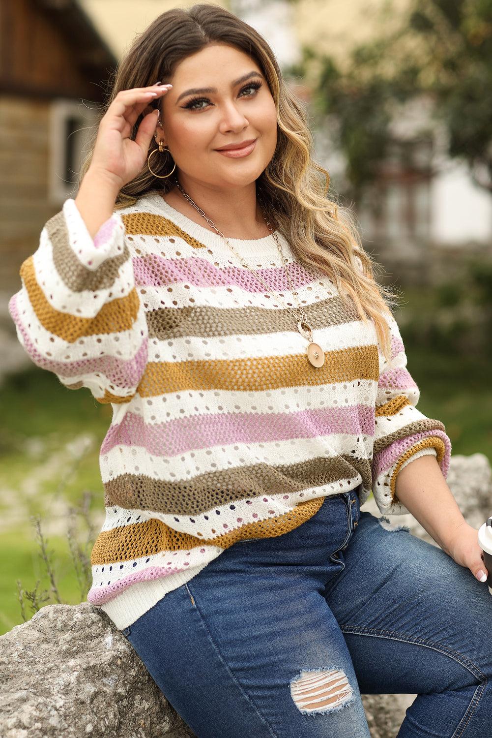 Multicolor Plus Size Striped Hollowed Knitted Loose Sweater - L & M Kee, LLC