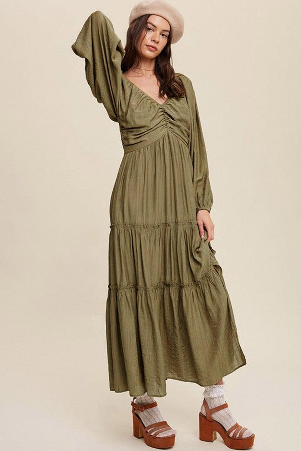 Green V Neck Bowknot Cutout Frill Tiered Maxi Dress - L & M Kee, LLC