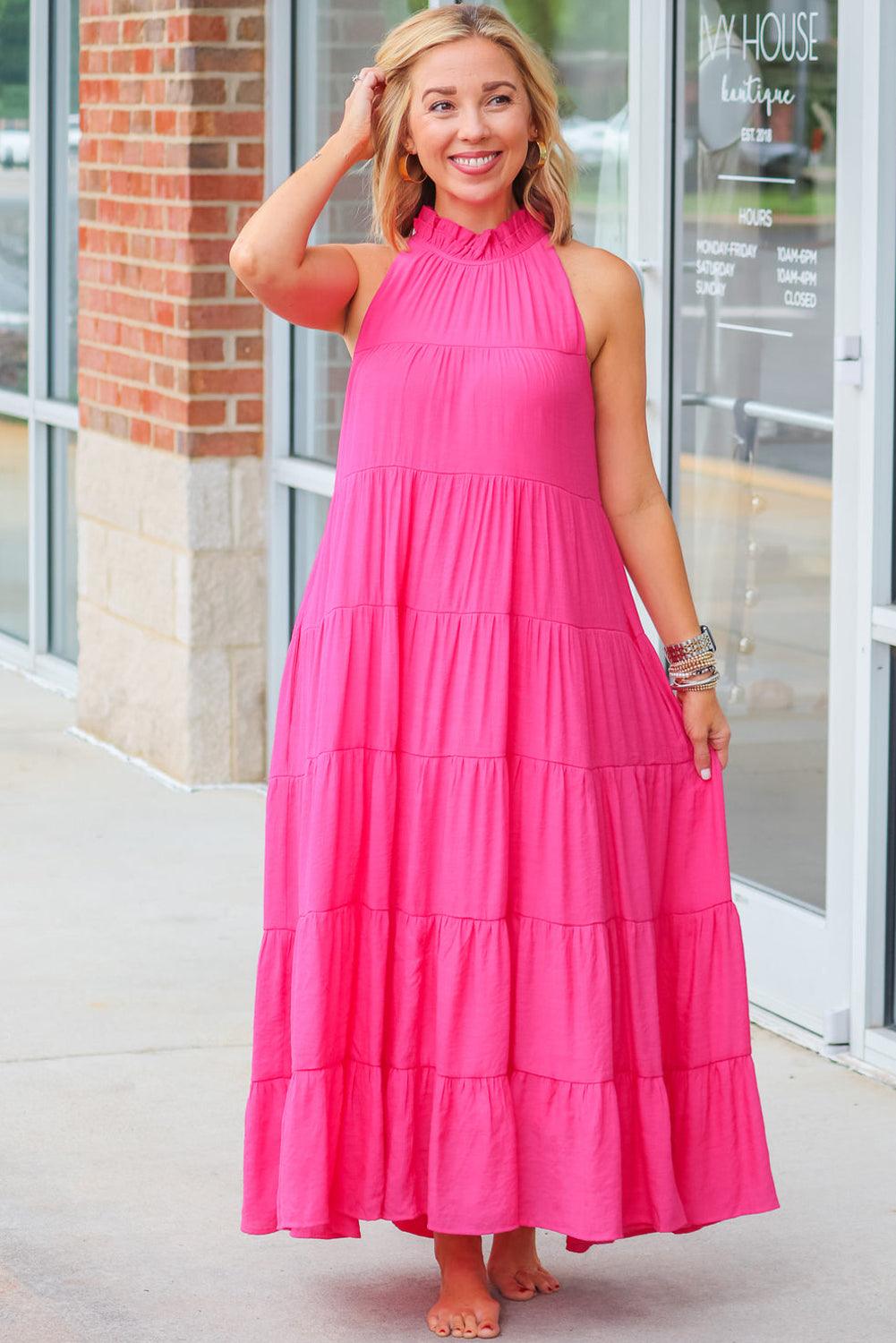 Rose Red High Frilled Neck Tiered Sleeveless Maxi Dress - L & M Kee, LLC