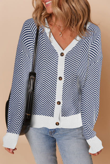 Brown Stripe Buttoned Front V Neck Herringbone Cardigan