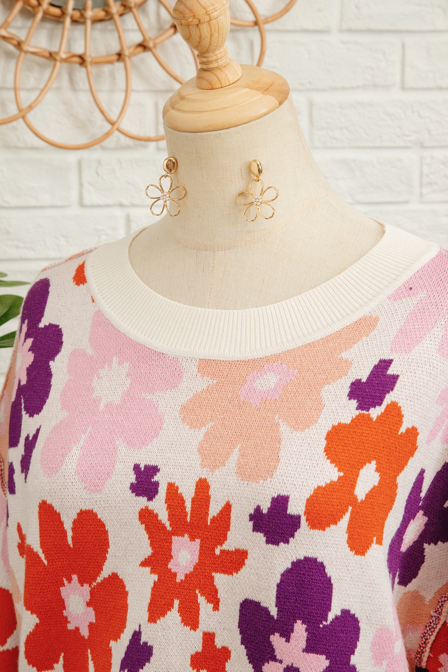 Khaki Fall Floral Pattern Drop Shoulder Sweater