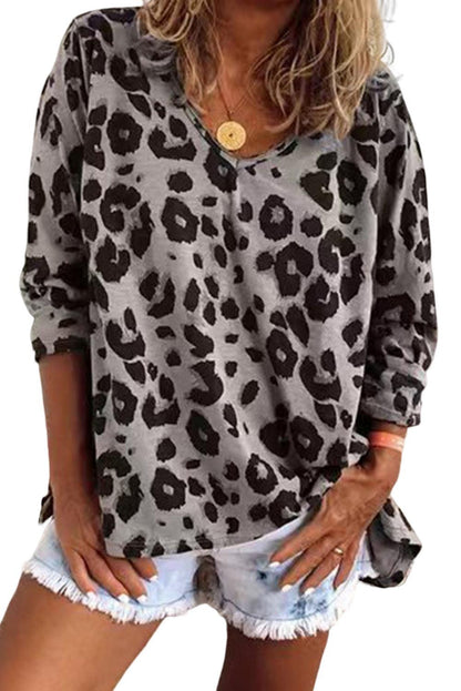 Gray Leopard Split Joint V Neck Long Sleeve Top - L & M Kee, LLC