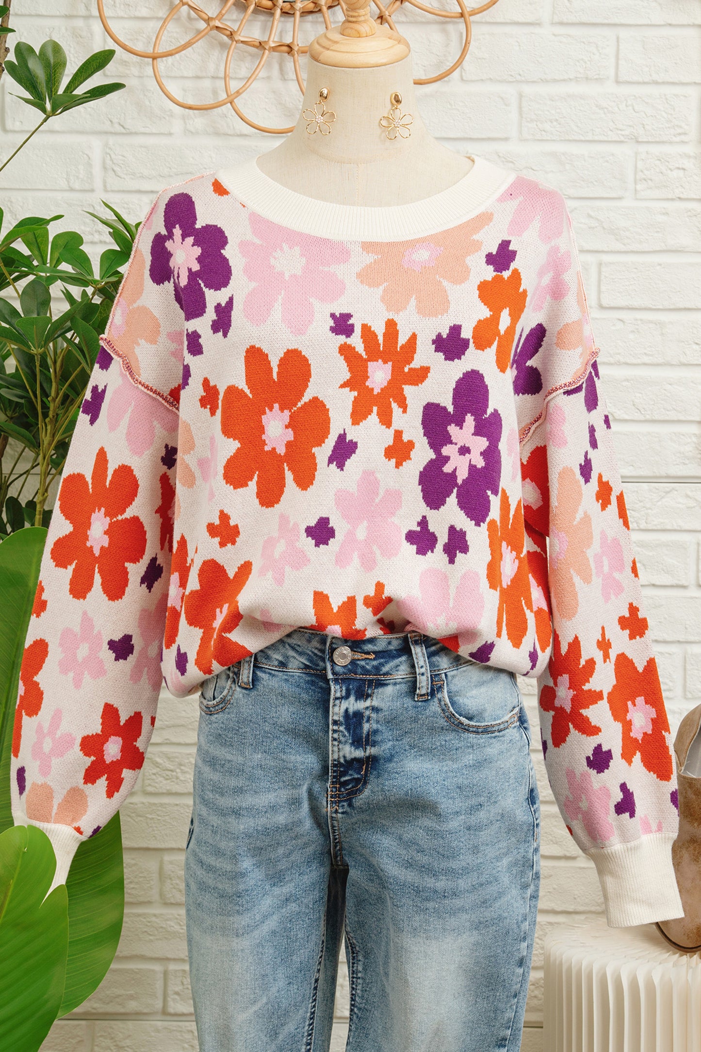 Khaki Fall Floral Pattern Drop Shoulder Sweater