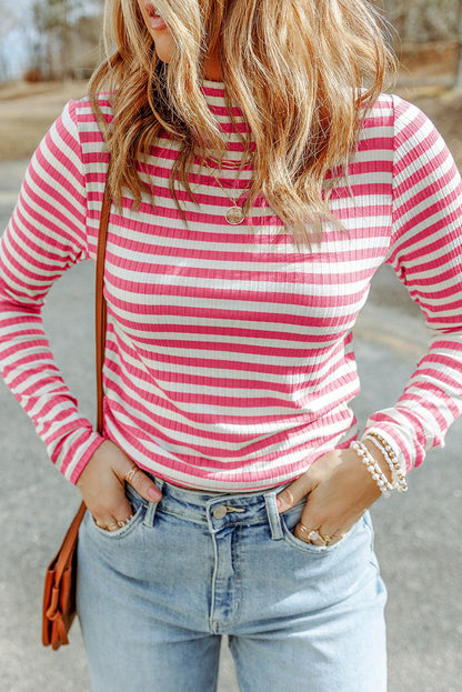 Strawberry Pink Striped Print Textured Knit Long Sleeve Tee - L & M Kee, LLC