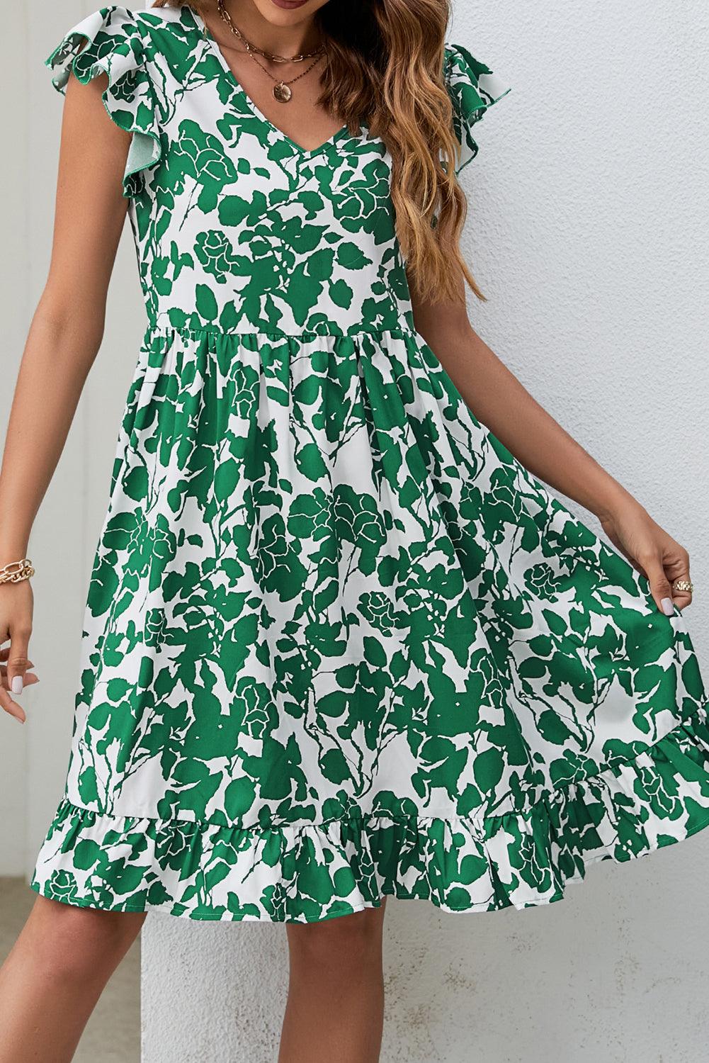 Dark Green Leaf Print V Neck Flutter Sleeve Dress - L & M Kee, LLC