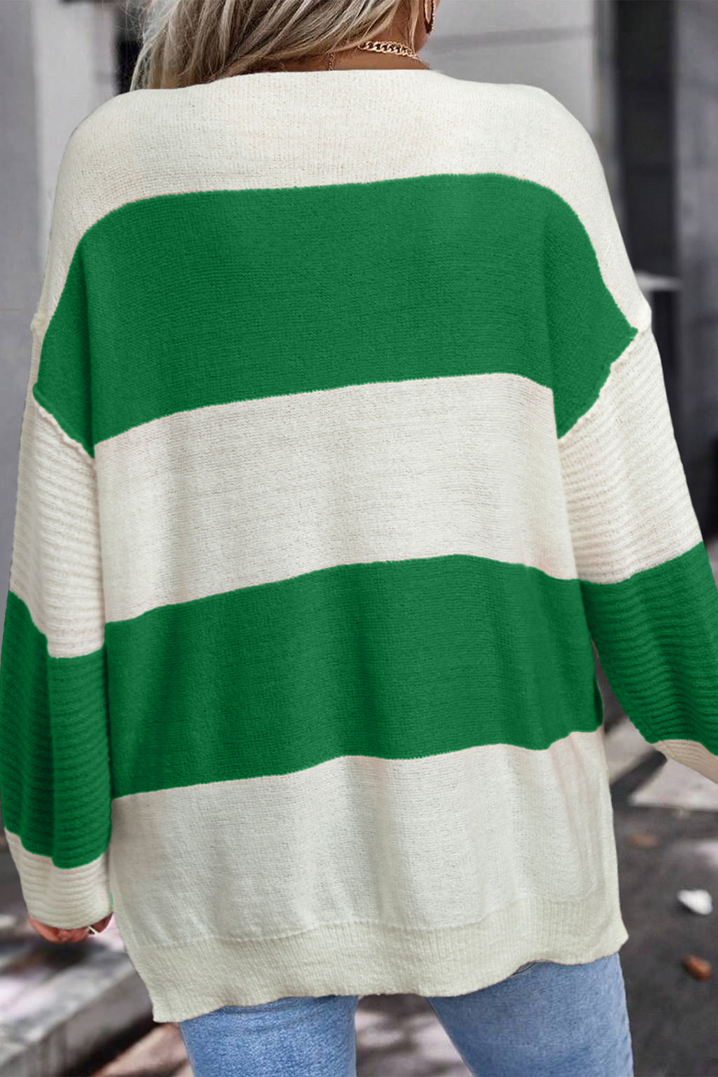 Red Stripe Loose Color Block Drop Shoulder Bubble Sleeve Sweater