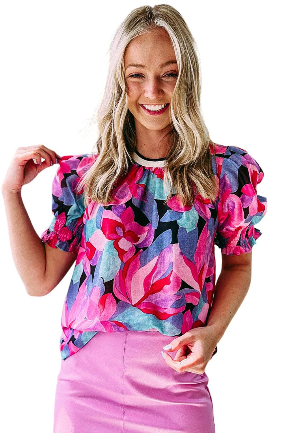 Floral Print Shirred Puff Sleeve Blouse - L & M Kee, LLC