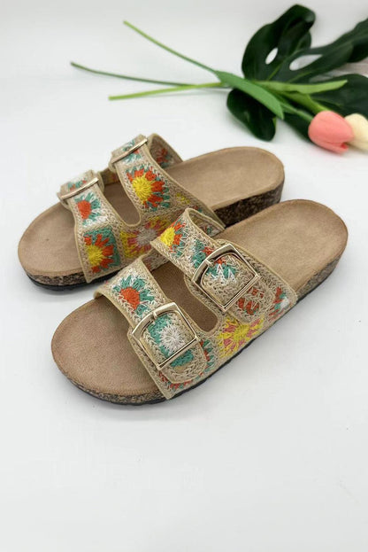 Beige Woven Sunflower Buckle Strap Slippers - L & M Kee, LLC