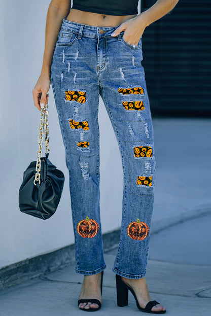 Sky Blue Halloween Pumpkin Patchwork Distressed Straight Leg Jeans