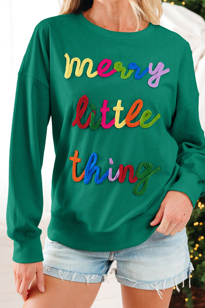 Dark Green merry little thing Corded Letter Graphic Ribbed Loose Sweatshirt