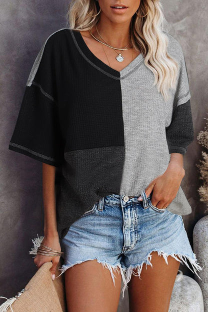 Black Waffle Colorblock Long Sleeve Oversized Top - L & M Kee, LLC