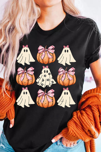 Black Bowknot Ghost Pumpkin Graphic Halloween T Shirt