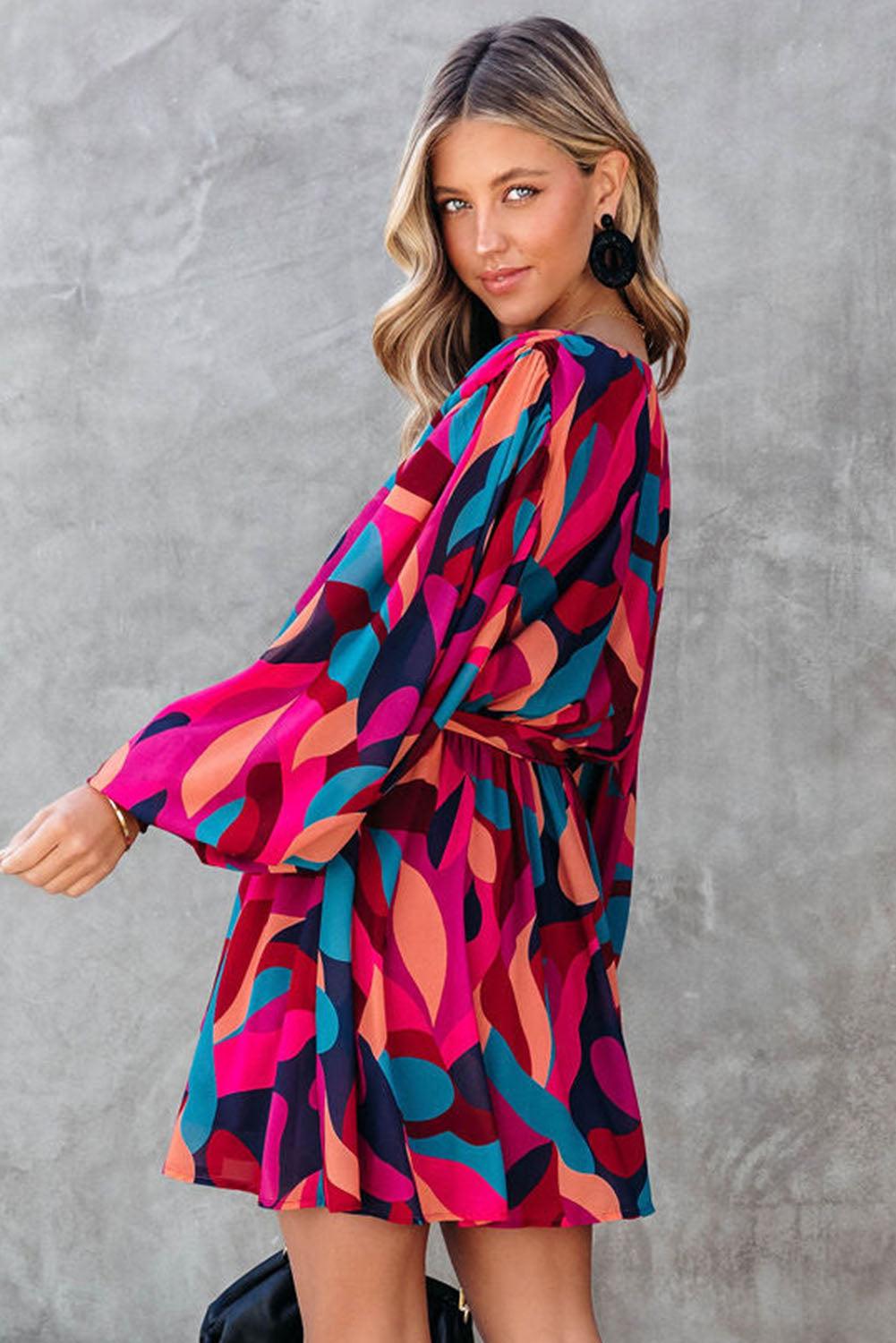 Abstract Printed Belted Puff Sleeve Mini Dress - L & M Kee, LLC