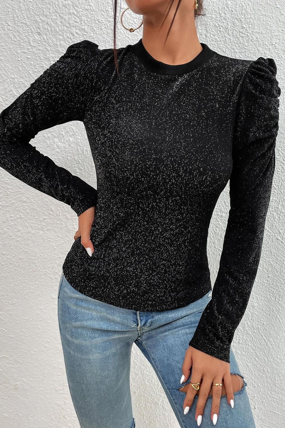 Black Gigot Sleeve Metallic Knit Slim Fit Top - L & M Kee, LLC