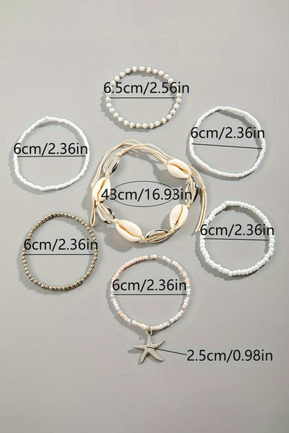 White 7pcs Starfish Seashell Beaded Bracelet Set - L & M Kee, LLC