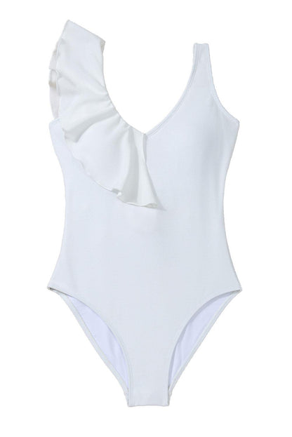 White Asymmetric Ruffle Trim Tie Waist One Piece Swimsuit - L & M Kee, LLC