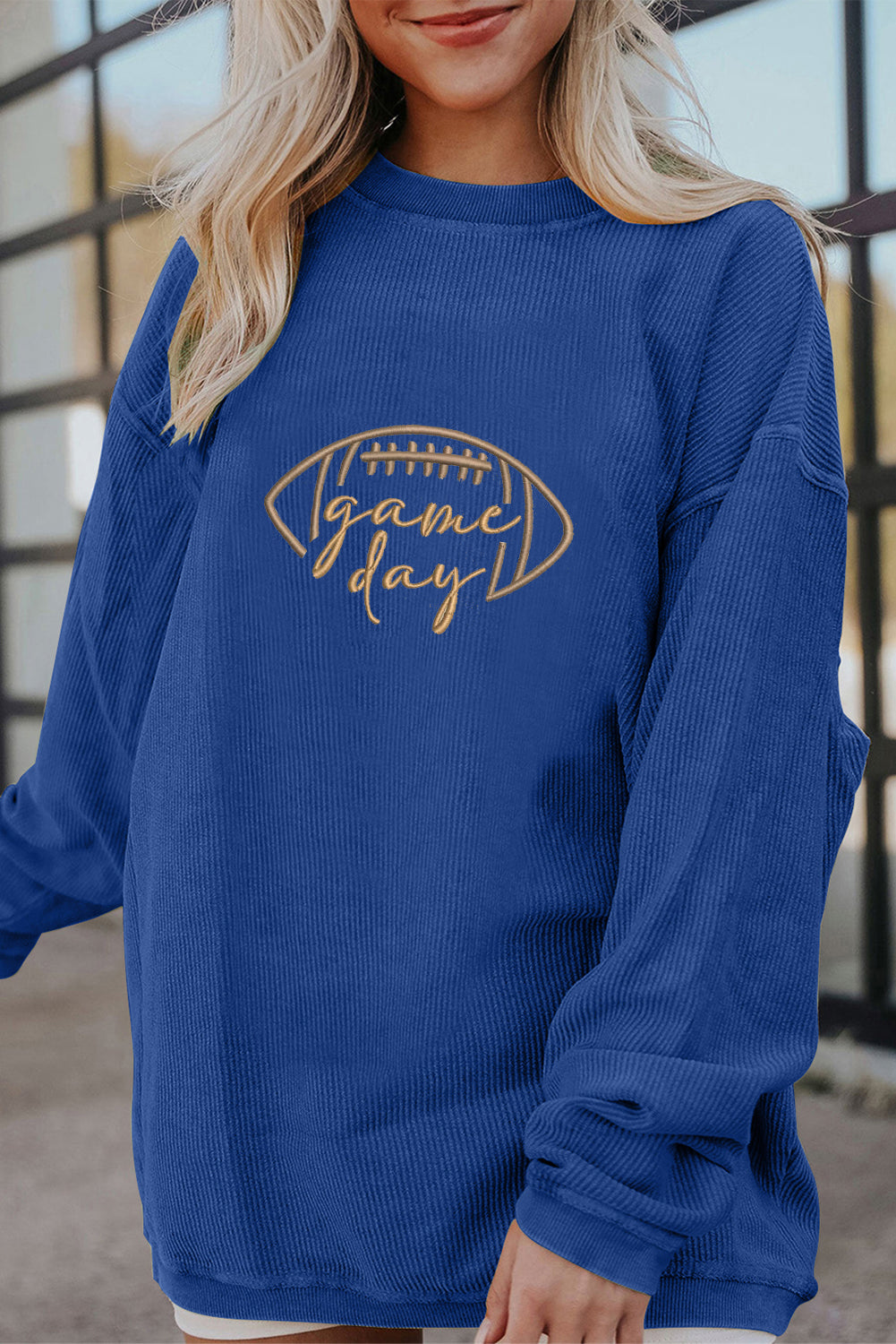 Orange Rugby Game Day Embroidered Corduroy Sweatshirt