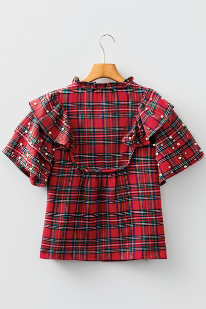 Red Festive Plaid Pearl Embellished Ruffle Short Sleeve Blouse