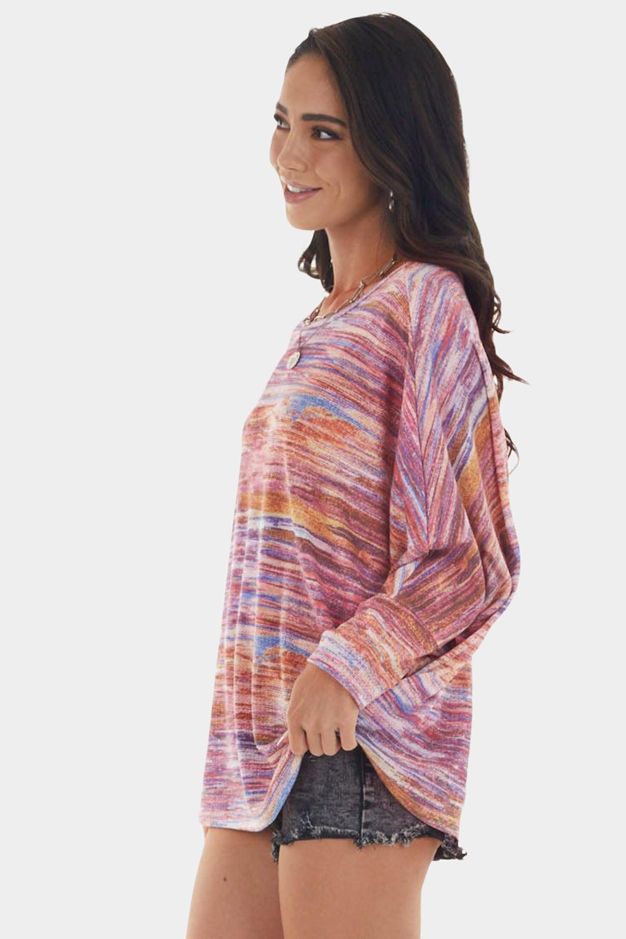 Multicolor Tie-dyed Boat Neck Dolman Sleeve Knit Top - L & M Kee, LLC