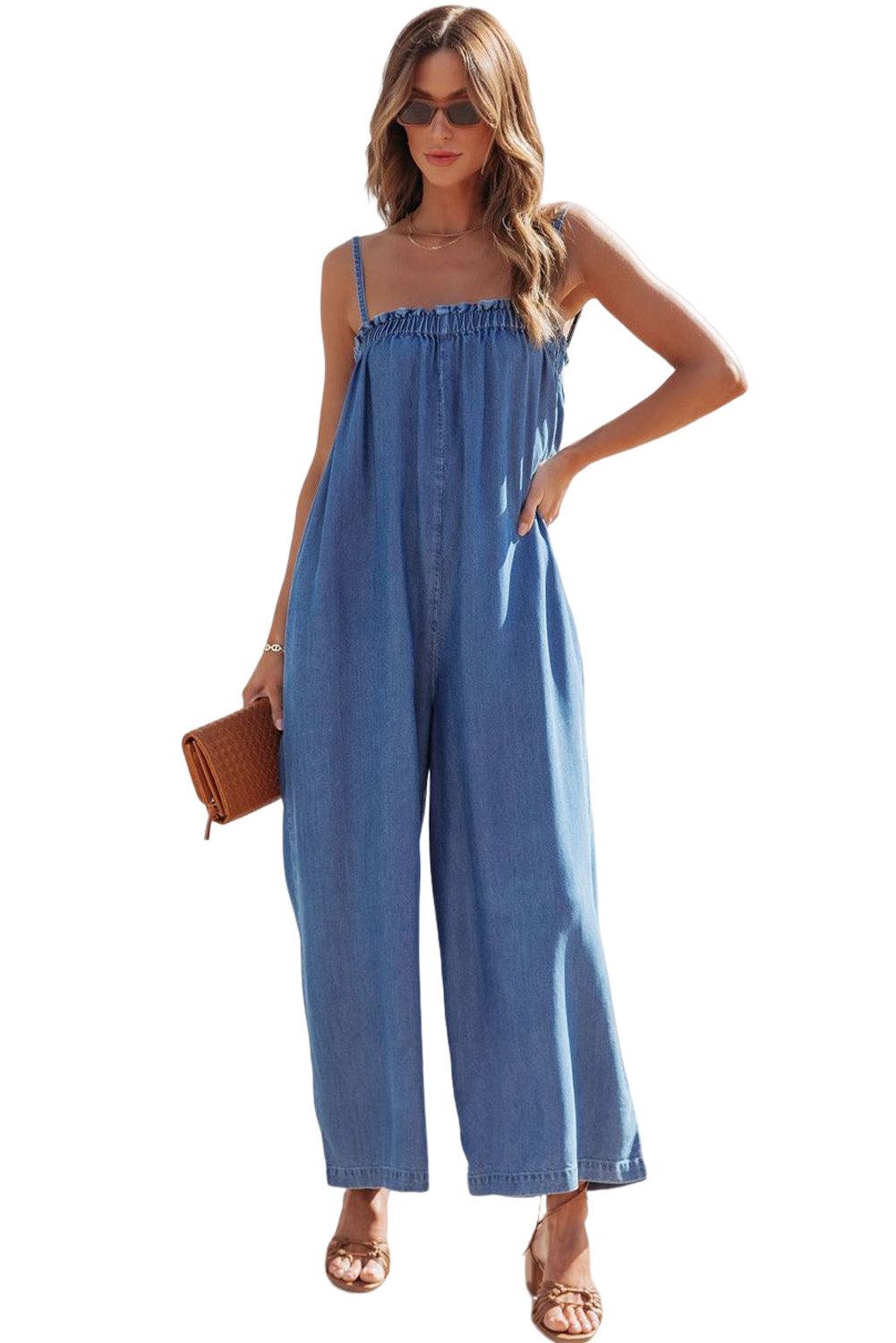 Blue Spaghetti Straps Frilled Neckline Pocketed Wide Leg Denim Jumpsuit - L & M Kee, LLC