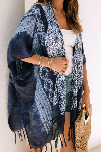 Blue Tie Dye Short Sleeves Tassels Kimono - L & M Kee, LLC