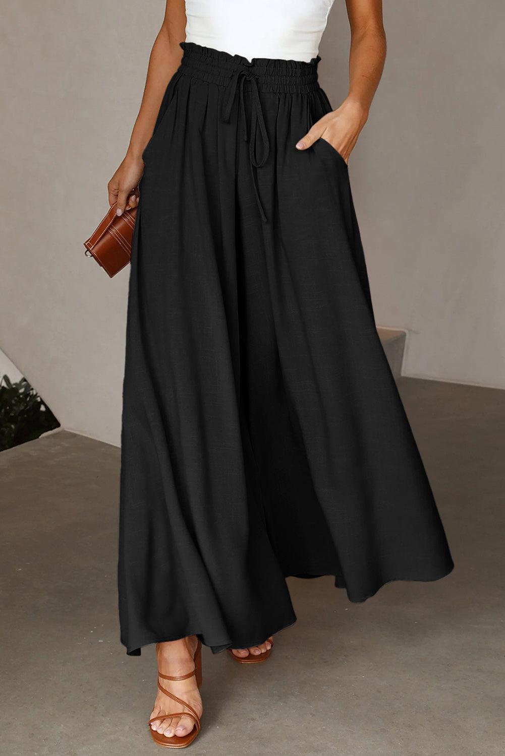 Black Drawstring Smocked High Waist Wide Leg Pants - L & M Kee, LLC