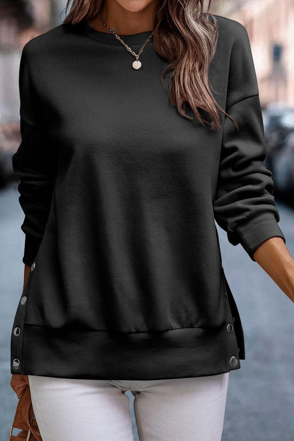 Black Snap Buttons Side Splits Pullover Sweatshirt - L & M Kee, LLC