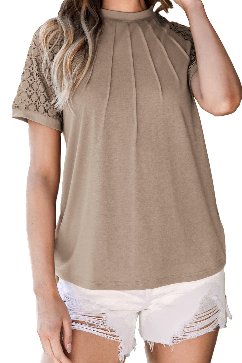 Pale Khaki Seamed Detail Contrast Lace Raglan Sleeve Tee - L & M Kee, LLC