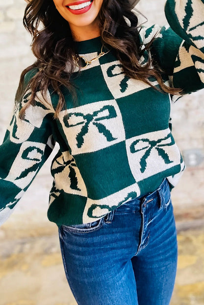 Blackish Green Checkered Bow Print Casual Sweater