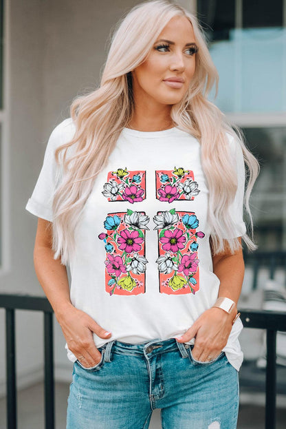 White Floral Crossed Graphic Easter Round Neck T Shirt - L & M Kee, LLC