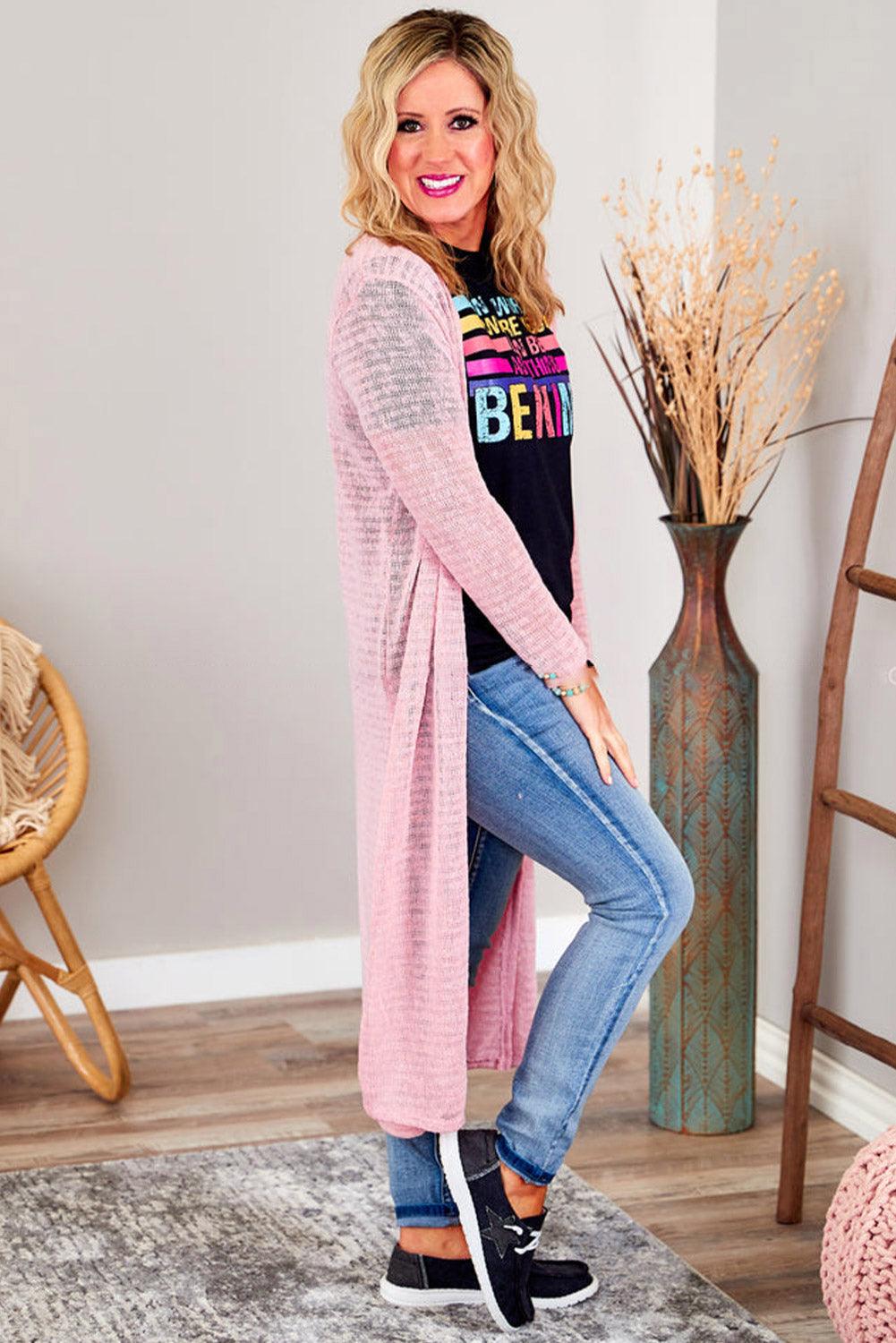 Pink Sheer Knitted Long Side Slit Plus Size Cardigan - L & M Kee, LLC