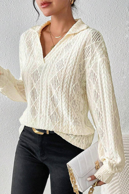 White Cable Rhombus Texture Collared Split Neck Top - L & M Kee, LLC