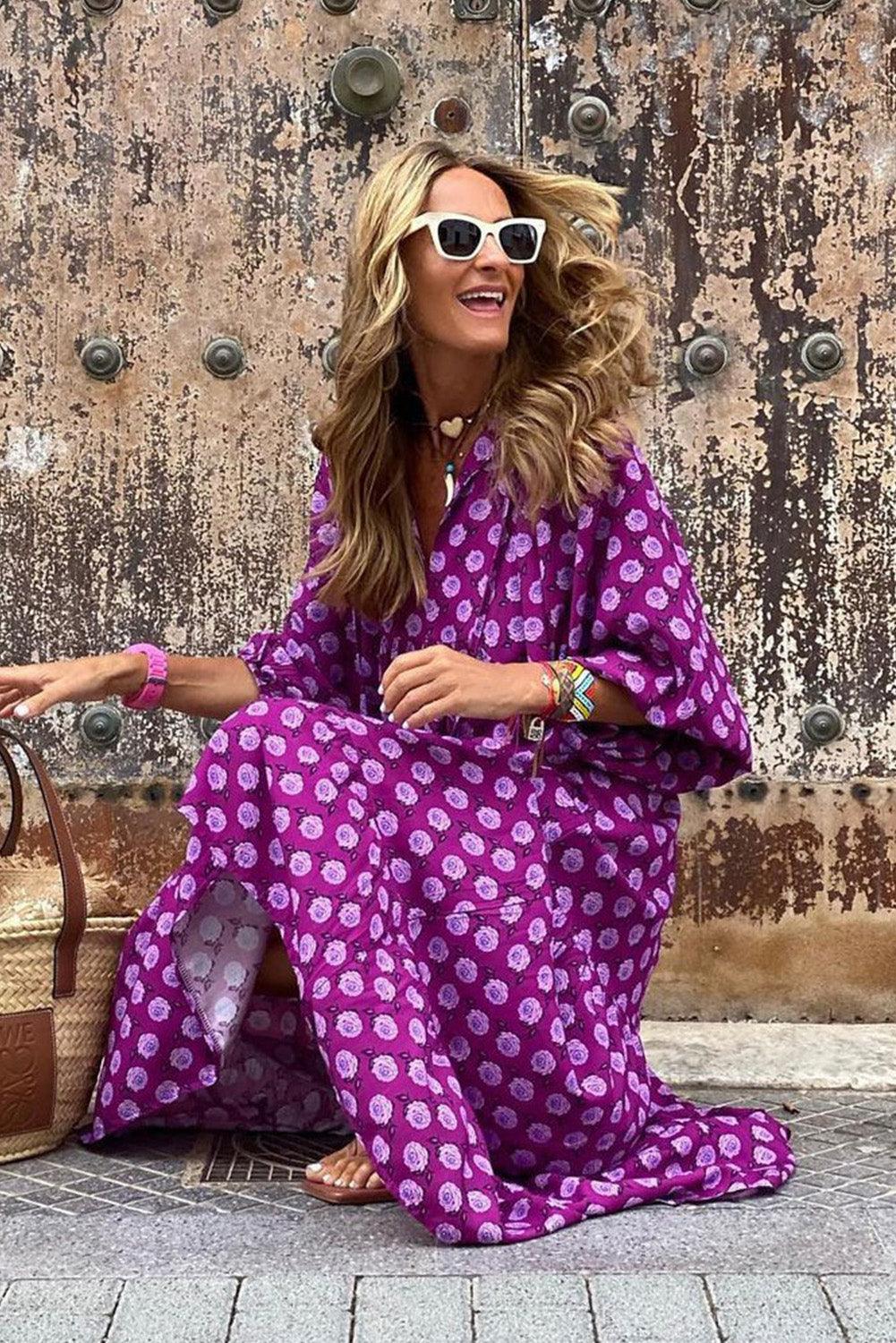 Purple Boho Printed Puff Sleeve Maxi Dress - L & M Kee, LLC