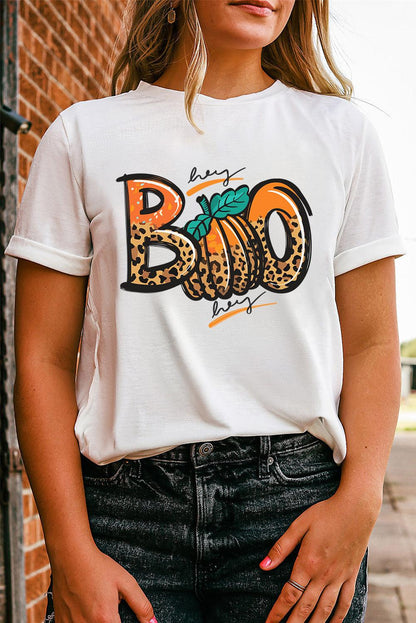 White BOO Pumpkin Leopard Print Crew Neck T Shirt - L & M Kee, LLC