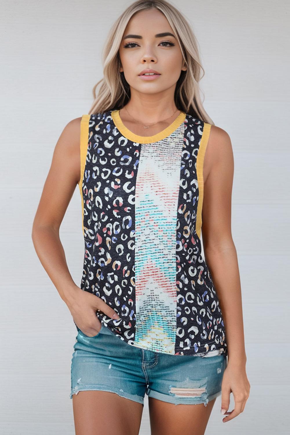 Multicolor Contrast Trim Color Block V Neck Tank Top - L & M Kee, LLC