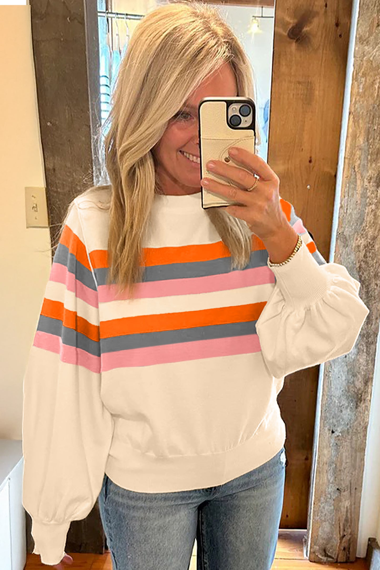 Beige Stripe Puff Sleeve Casual Pullover Sweatshirt