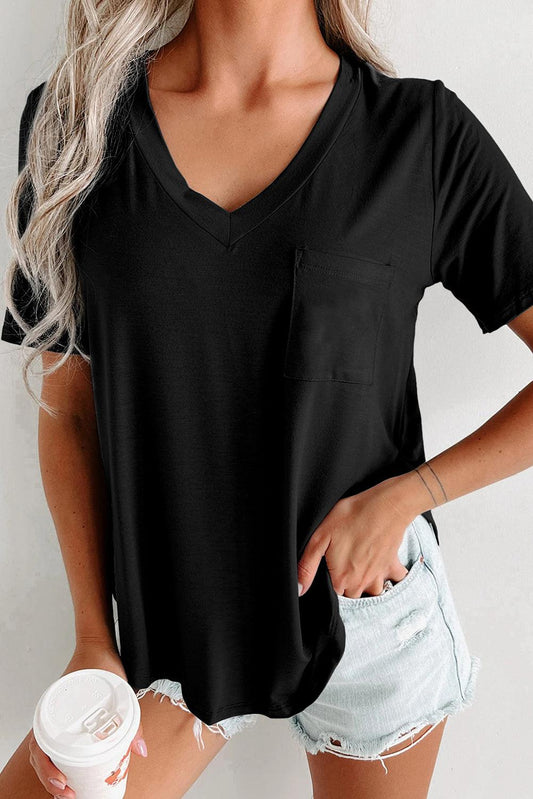 Black V Neck Pocketed Rounded Hem Tee - L & M Kee, LLC