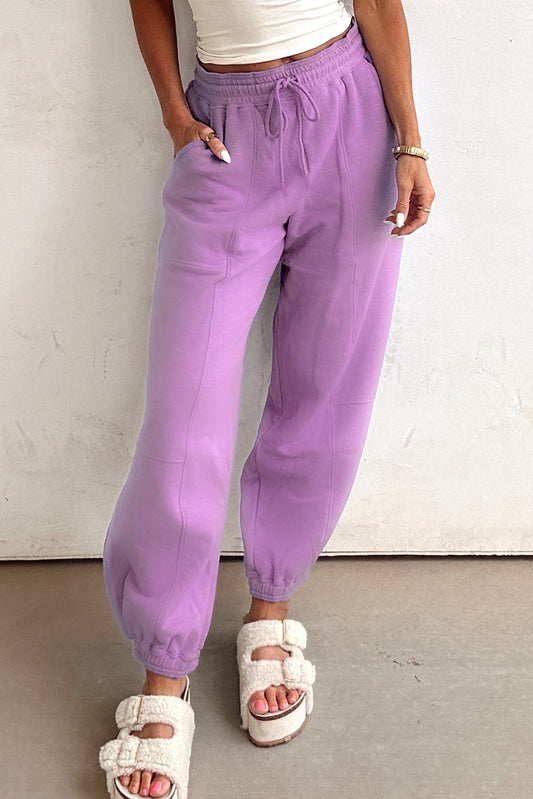 Lilac Drawstring Waist Patchwork Solid Color Jogger Pants