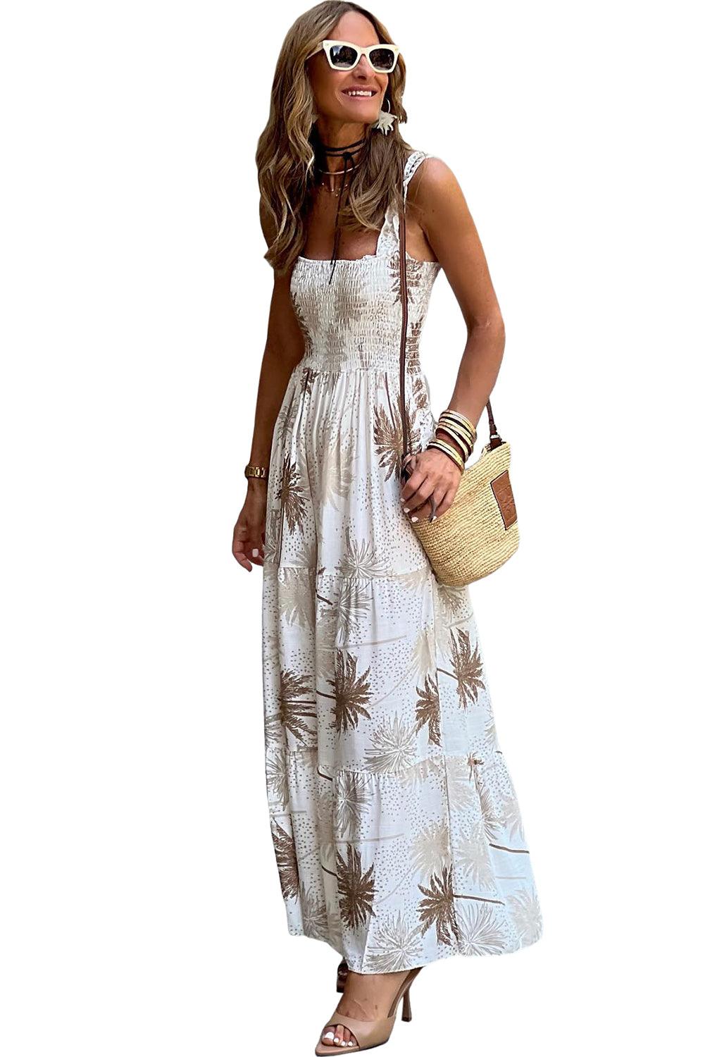 White Tropical Print Smocked Ruffled Straps Maxi Dress - L & M Kee, LLC