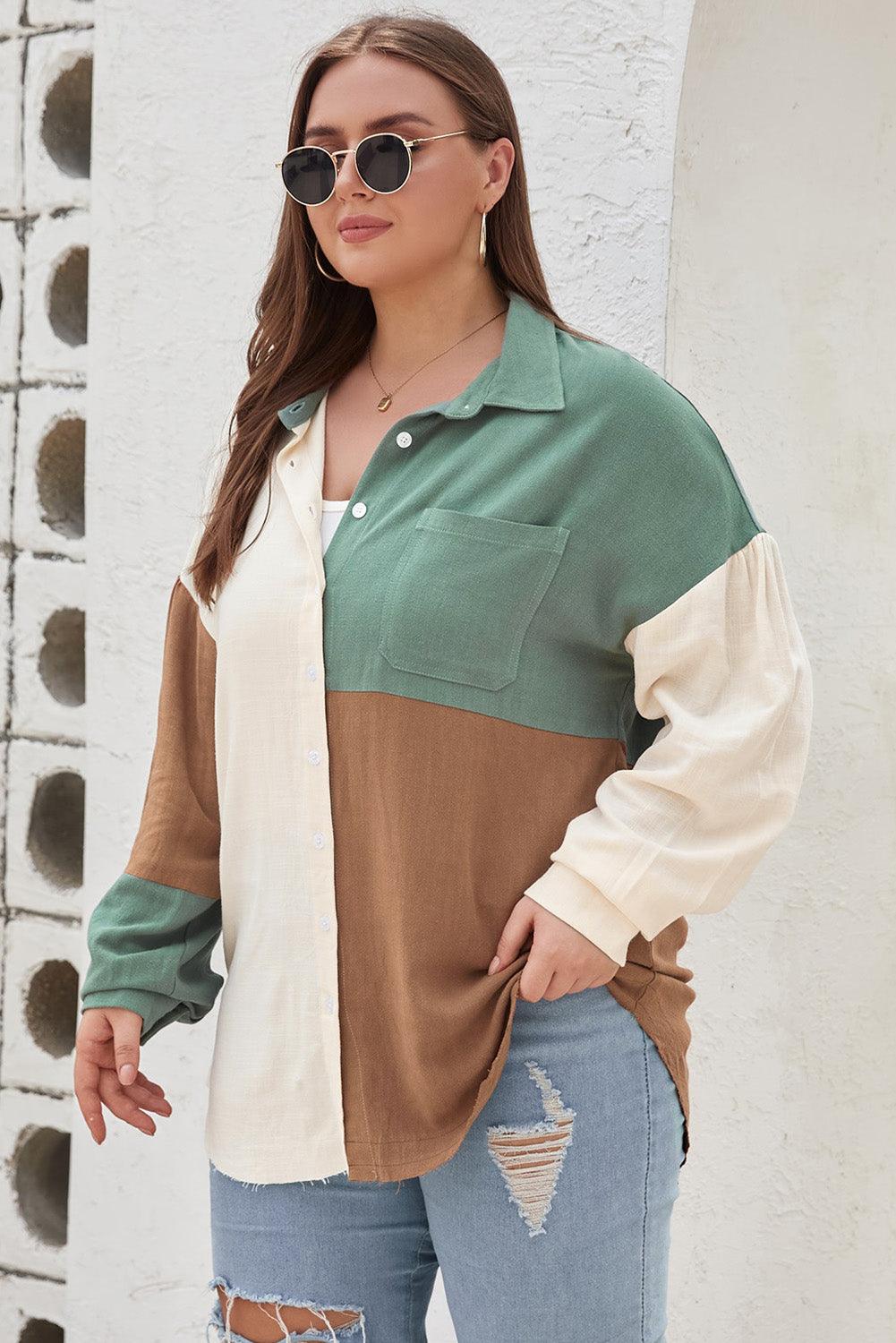 Green Colorblock Raw Edge Plus Size Shirt - L & M Kee, LLC