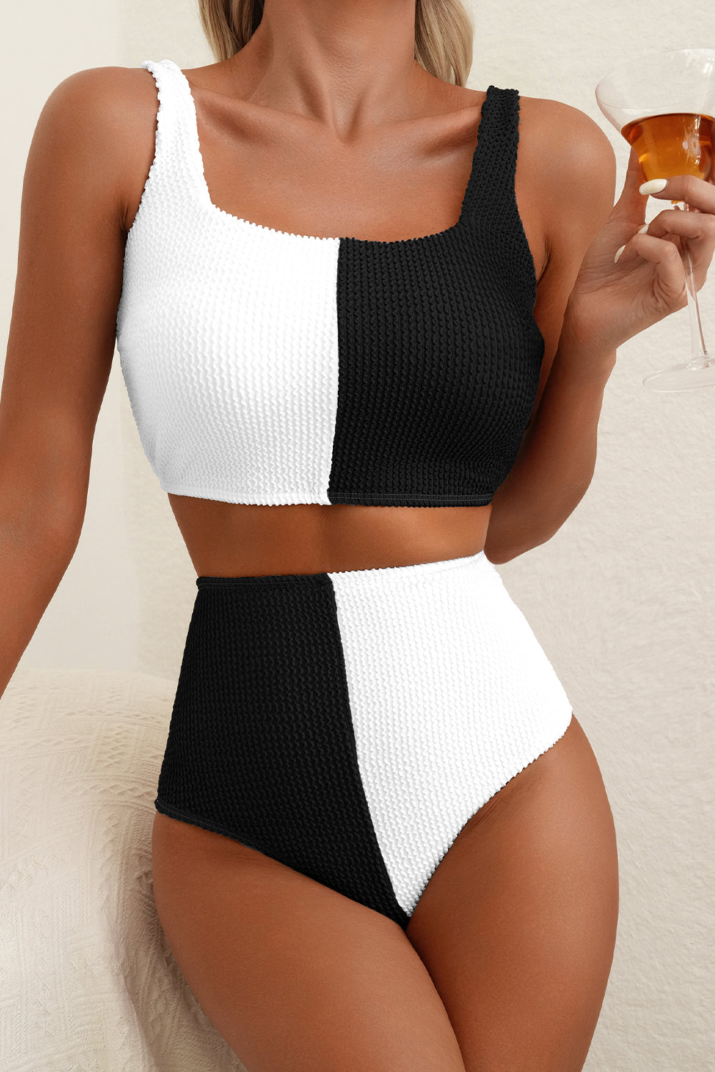 Color Black Corded Colorblock Square Neck Bikini Swimsuit