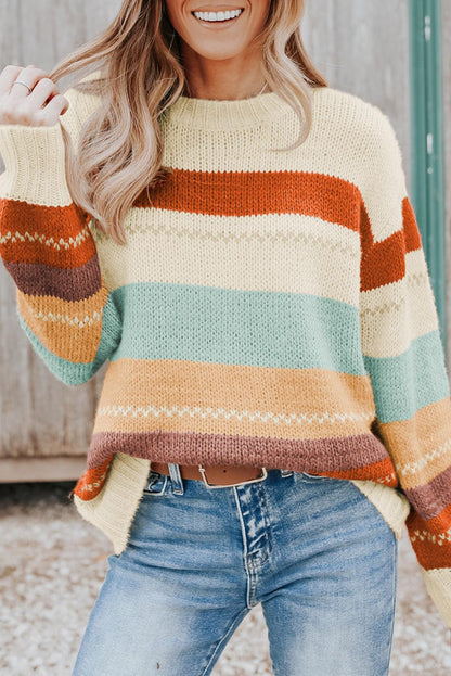 Crew Neck Drop-shoulder Striped Color Block Sweater - L & M Kee, LLC