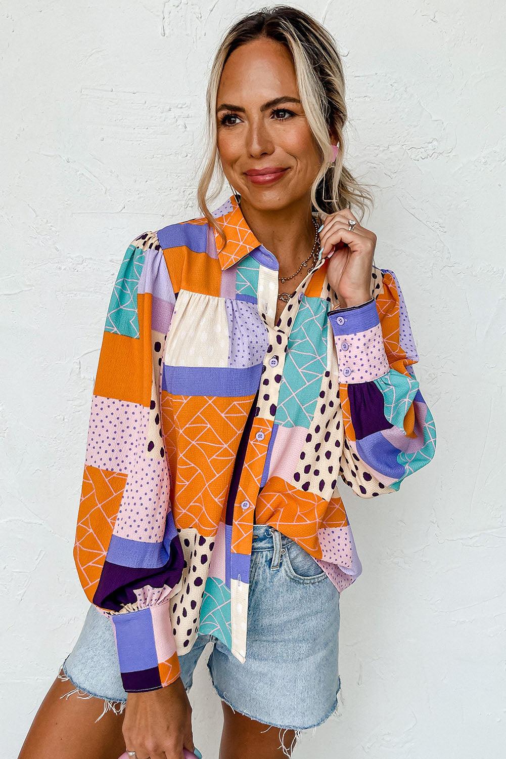 Multicolor Mixed Print Button Front Cuffed Sleeve Shirt - L & M Kee, LLC