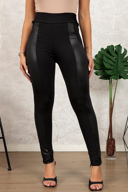 Black Leather Panel Patchwork High Waist Leggings - L & M Kee, LLC