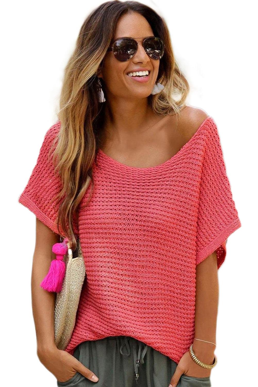 Red Clay Solid Loose Knit Short Dolman Sleeve Sweater - L & M Kee, LLC