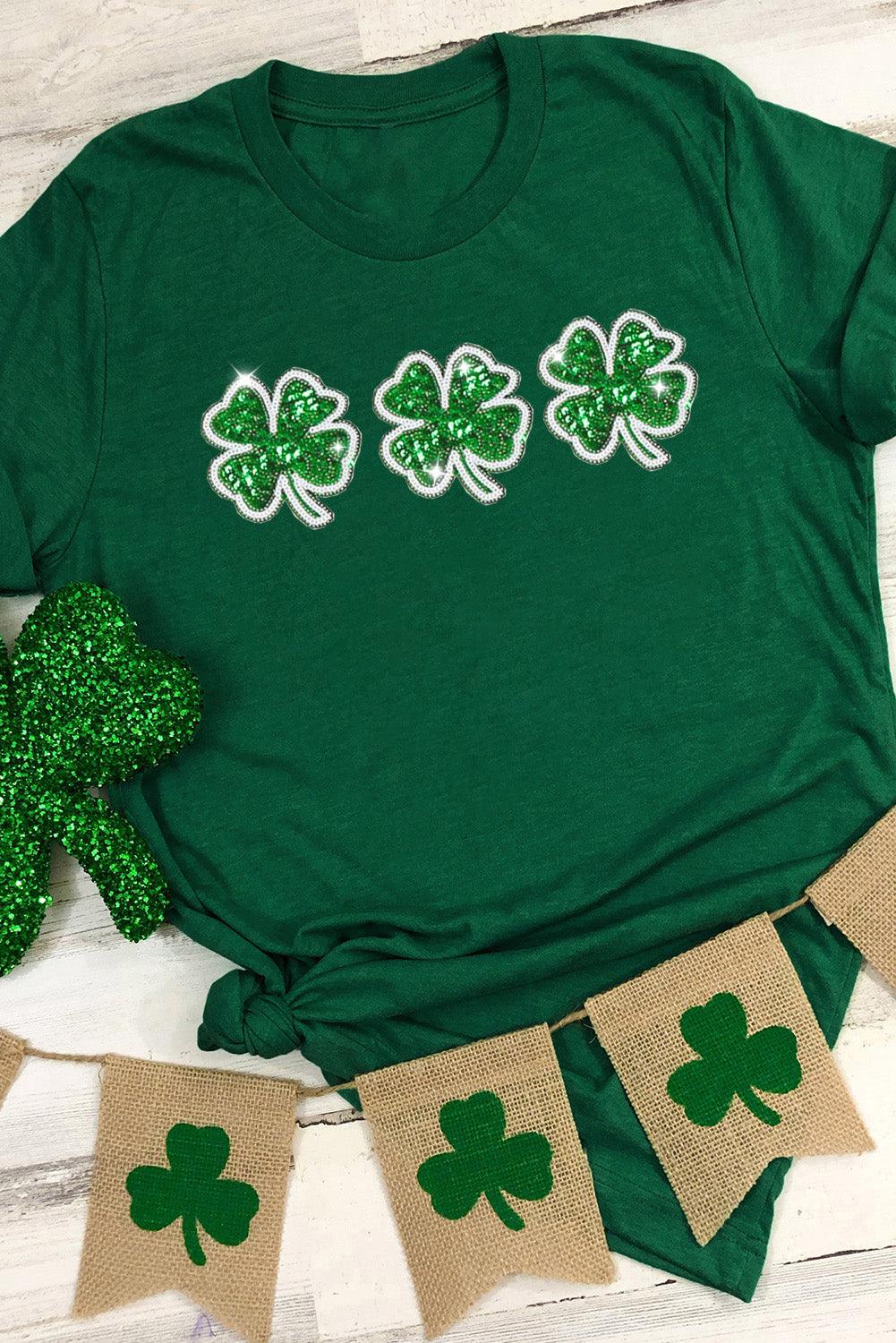 Green St Patrick Clover Patch Sequin Graphic T-shirt - L & M Kee, LLC