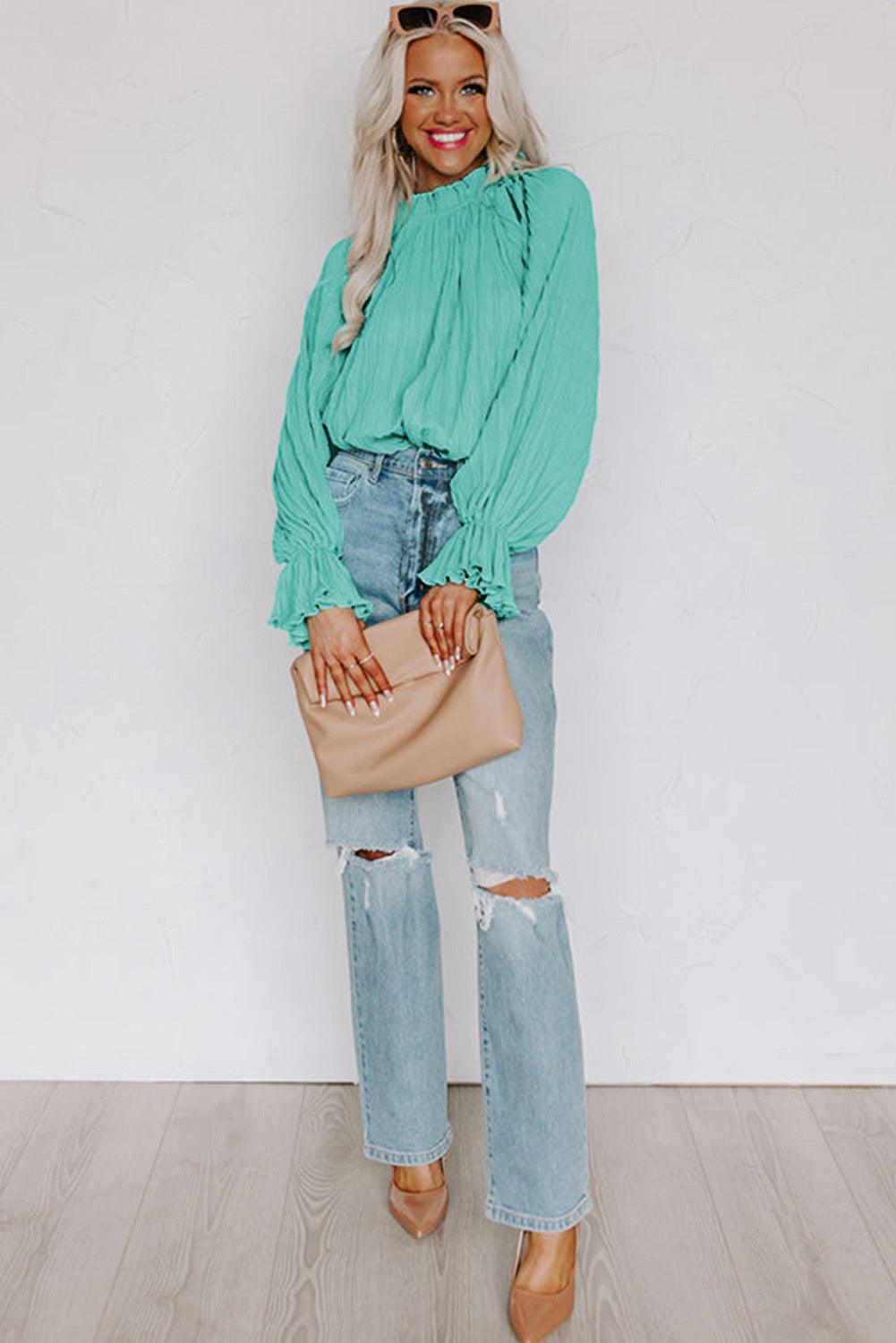 Green Striking Pleated Flared Cuff Long Sleeve Blouse - L & M Kee, LLC