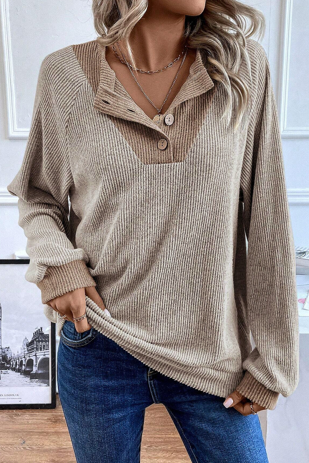 Light Grey Color Contrast Ribbed Loose Fit Long Sleeve Top