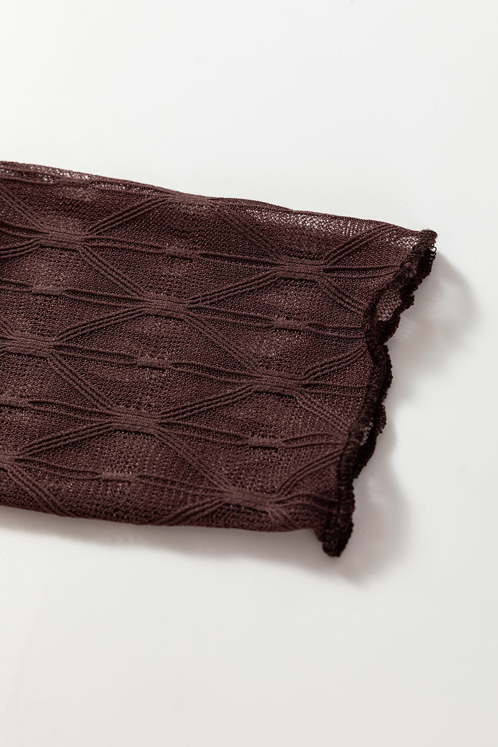 Coffee Sheer Mesh Patterned Lettuce Trim Slim Long Sleeve Top